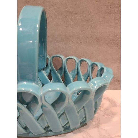 Dept. 56 Ceramic Woven Basket Turquoise Vintage Made In Italy 9" x 6" x 6.25" - Picture 5 of 9